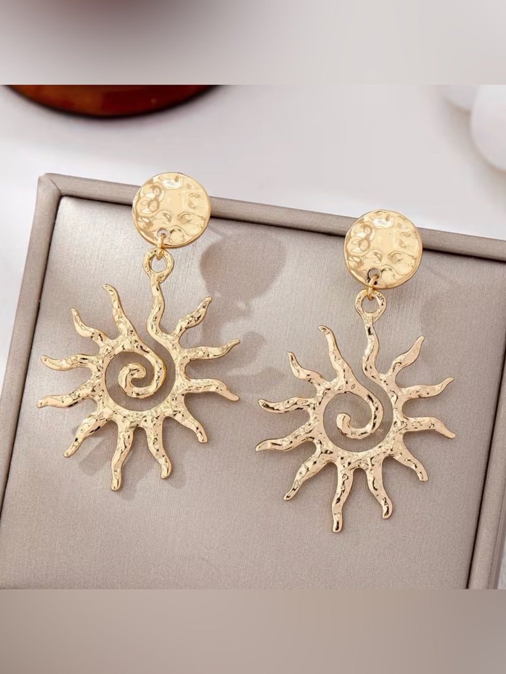 Sun Aztec Brutalist Inspired Hammered Pattern Earrings - Picture 3 of 8